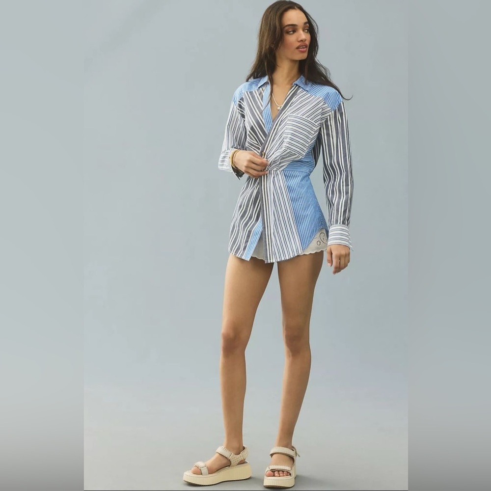 Anthropologie Blue and Black Patchwork Shirt